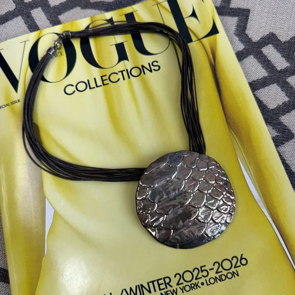 E&L Israel 925 Sterling Silver Electroform Snake Skin Disc Leather Cord Necklace